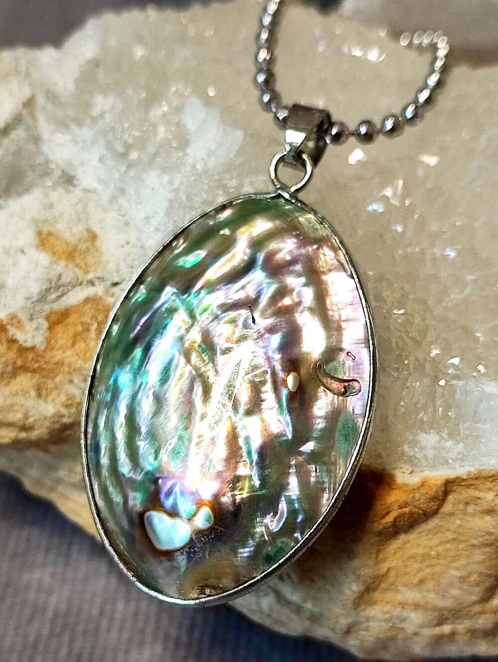 Abalone Puffed Paua Shell Dual Sided Oval Necklace Silver Tone